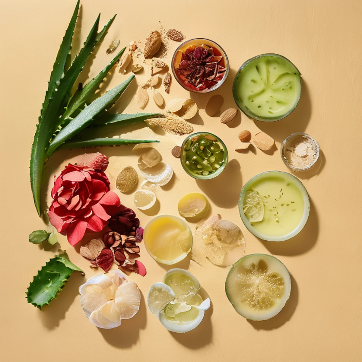 Natural skincare ingredients arranged neatly