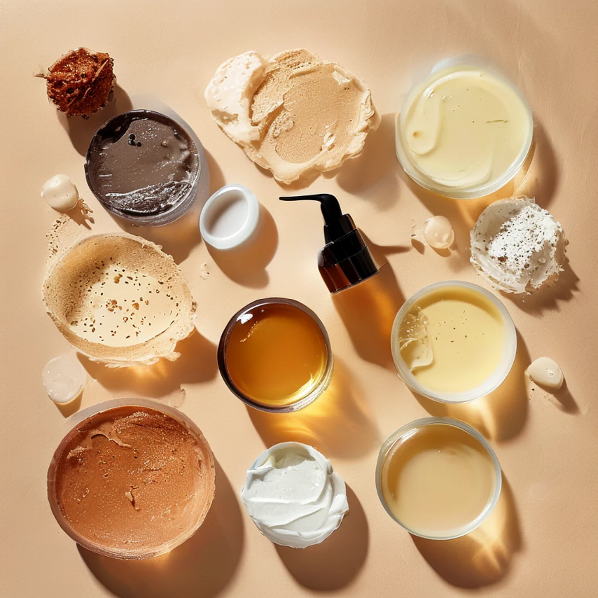 Diferentes texturas de produtos de skincare como creme e gel vistos de cima.